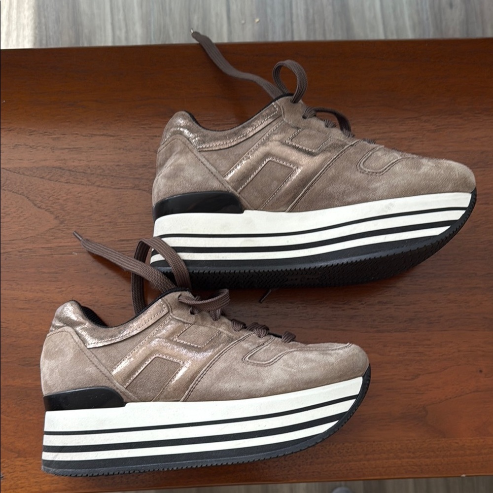 Hogan Brown and Black Sneakers with Elevated Platform Sole